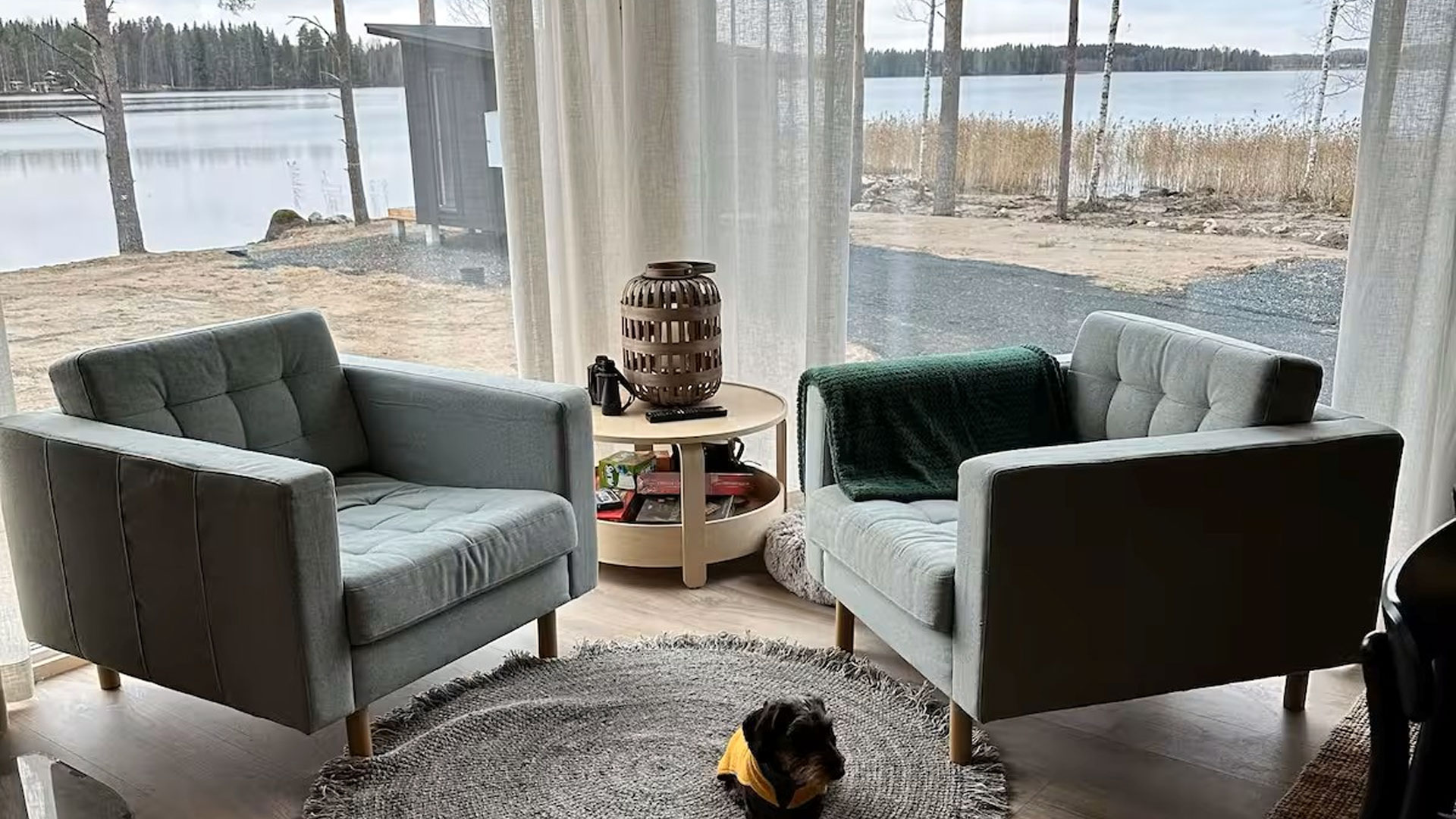 Kaksi nojatuolia maisemaikkunan edessä, takana näkyy ranta ja järvi. Etualalla pieni koira.